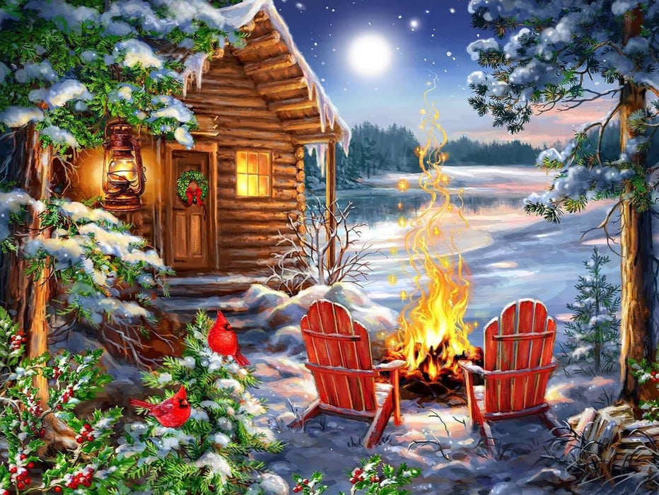 Cabin By Winter Fire Print Paint By Diamond Kit