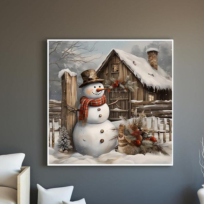 Rustic Snowman Cabin Print Paint By Diamond Kit