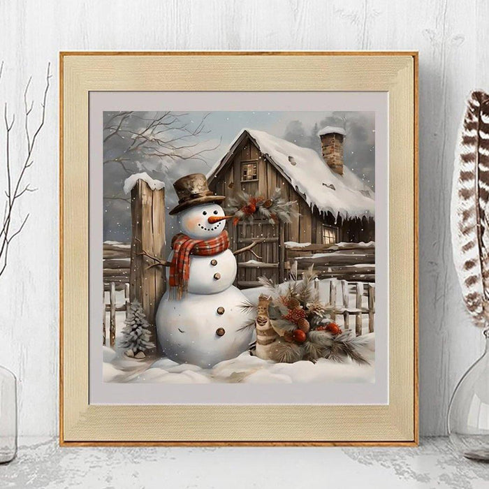 Rustic Snowman Cabin Print Paint By Diamond Kit