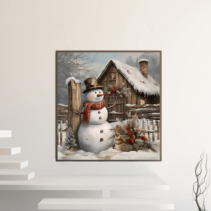 Rustic Snowman Cabin Print Paint By Diamond Kit