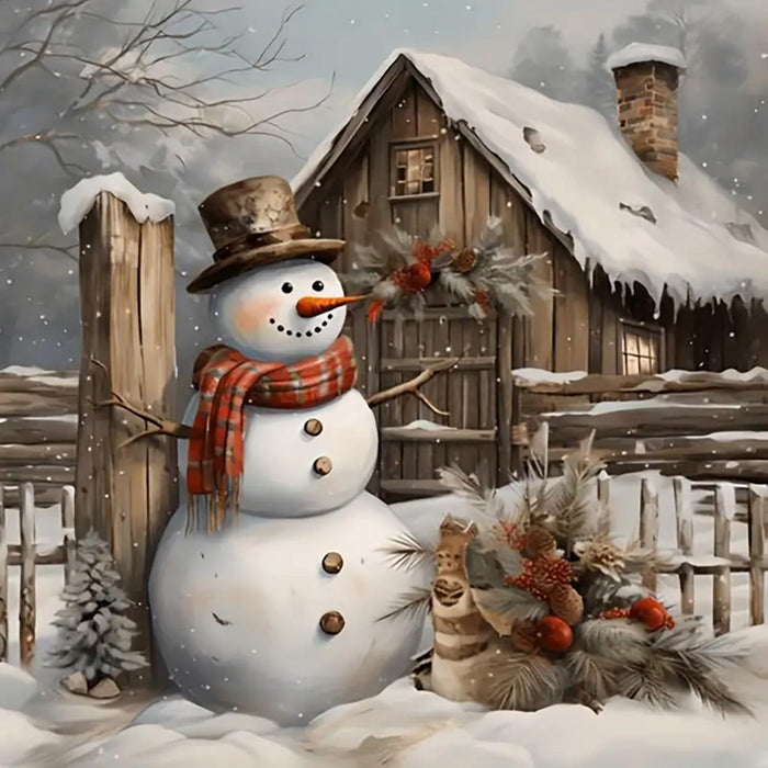 Rustic Snowman Cabin Print Paint By Diamond Kit