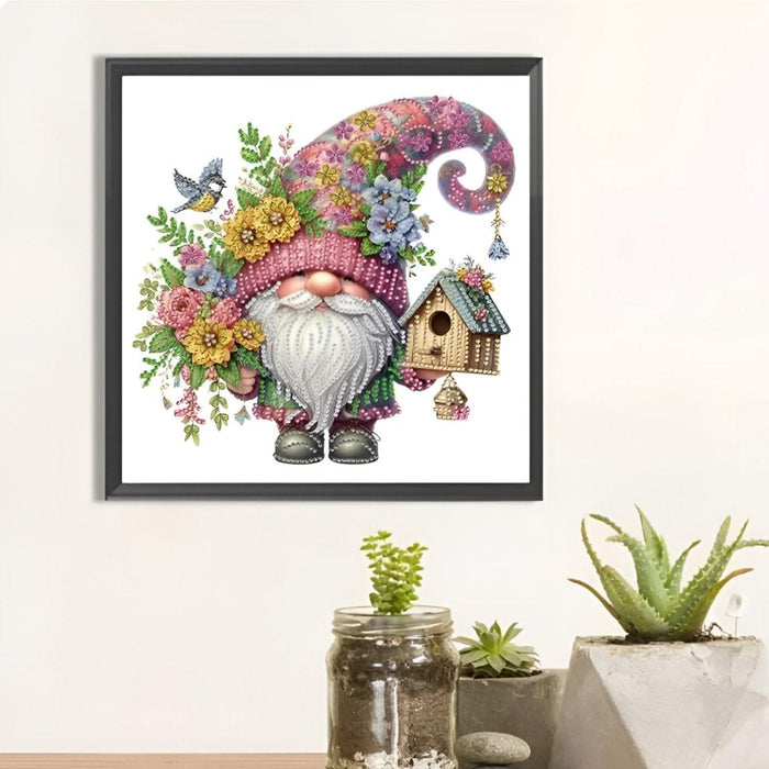 Whimsical Floral Gnome With Birdhouse Design Paint By Diamond Kit