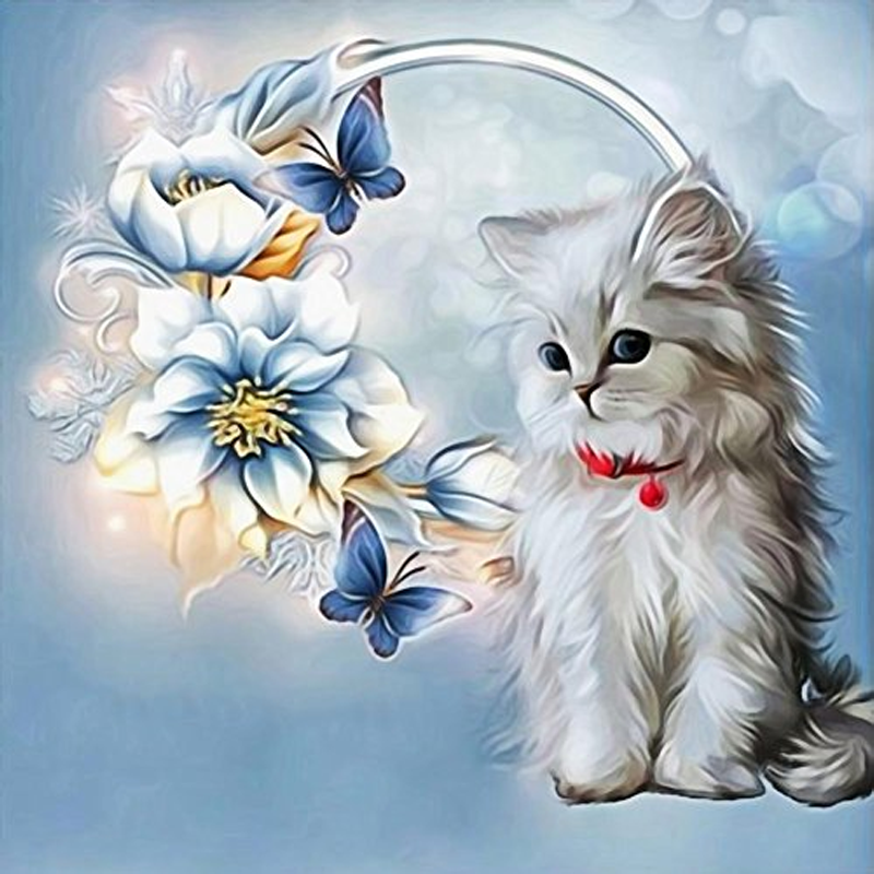 White Kitten and Flowers 5D DIY Paint By Diamond Kit