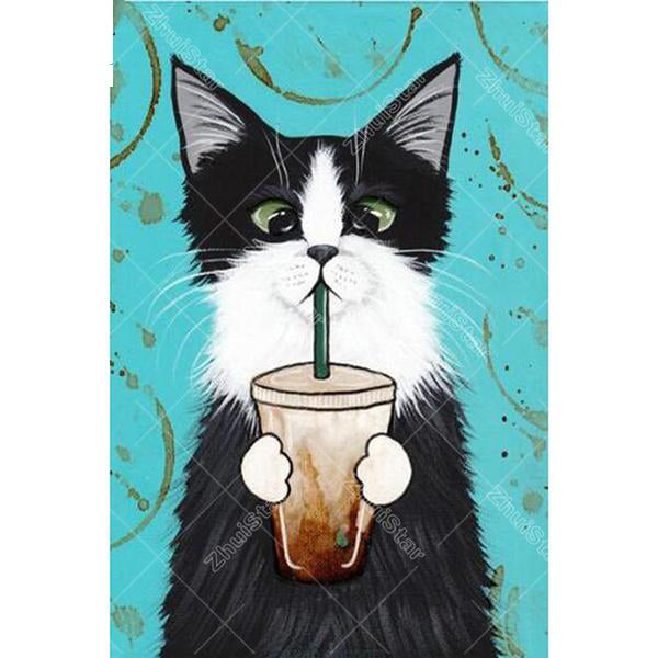 Cat Sipping Coffee 5D DIY Paint By Diamond Kit