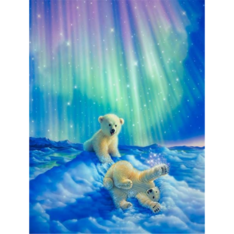 Baby Polar Bear Playing Northern Lights 5D DIY Paint By Diamond Kit