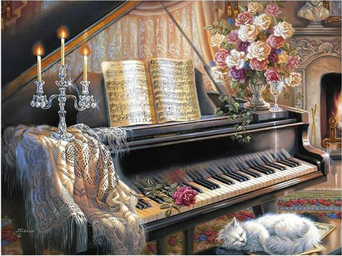 Cat And Piano 5D DIY Paint By Diamond Kit