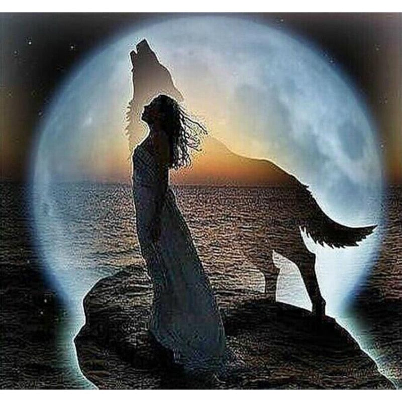 Girl and The Wolf Beside Moon 5D DIY Paint By Diamond Kit