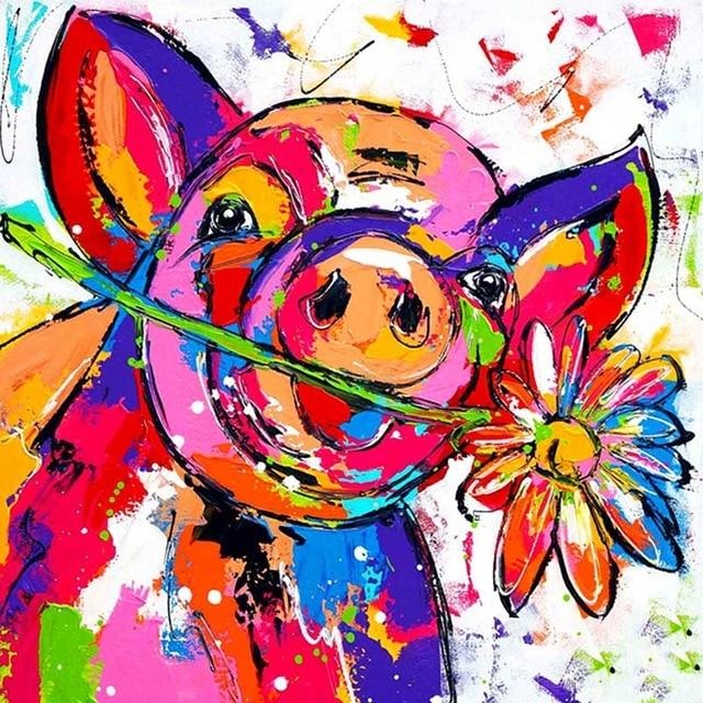 Colorful Smiling Pig With Flower 5D DIY Paint By Diamond Kit - Paint by Diamond