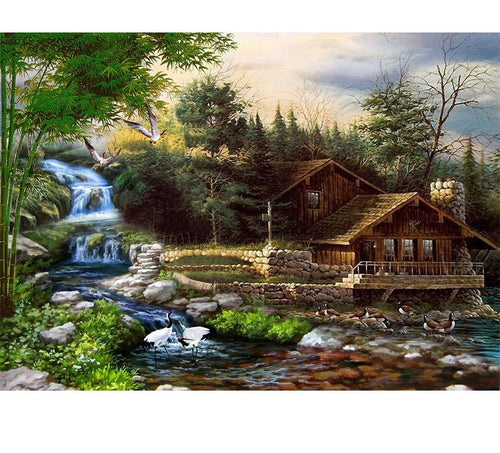 Dream House Near The Waterfall 5D DIY Paint By Diamond Kit