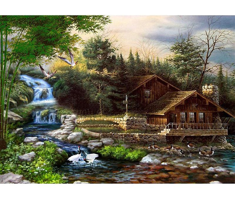 Dream House Near The Waterfall 5D DIY Paint By Diamond Kit