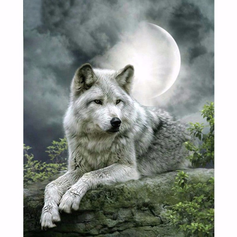 White Wolf And Moon 5D DIY Paint By Diamond Kit - Paint by Diamond