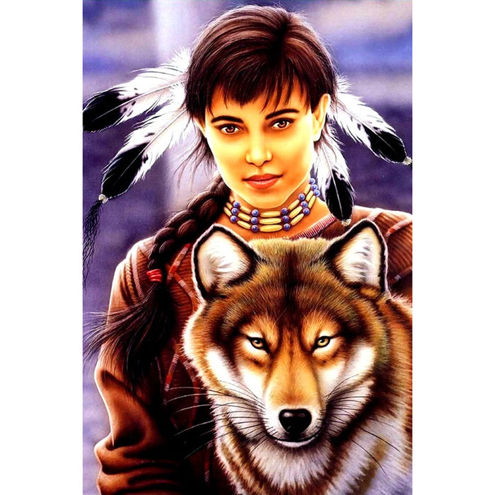 Indian Woman & Wolf 5D DIY Paint By Diamond Kit