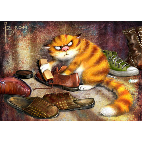 Wipe Leather Shoes Cat 5D DIY Paint By Diamond Kit - Paint by Diamond