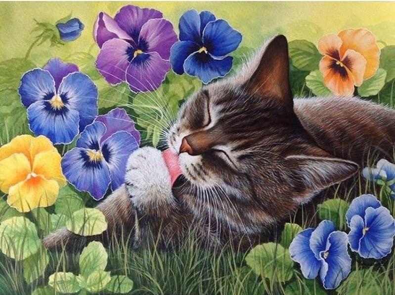 Cat and Flowers 5D DIY Paint By Diamond Kit