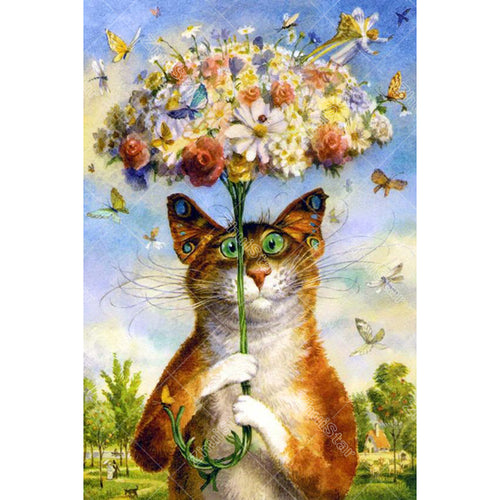 Flowers Umbrella Cat 5D DIY Paint By Diamond Kit