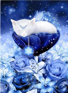 Cute Cat on a Blue Flower 5D DIY Paint By Diamond Kit