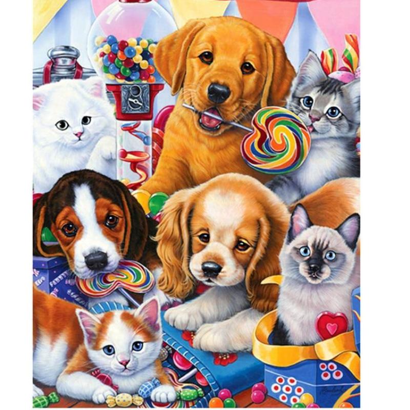Cute Cat & Dog Family 5D DIY Paint By Diamond Kit