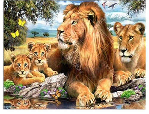Lion With His Family 5D DIY Paint By Diamond Kit