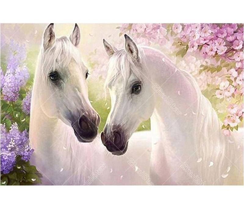 Two White Horses 5D DIY Paint By Diamond Kit