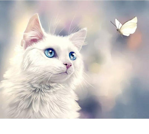 White Cat & Butterfly 5D DIY Paint By Diamond Kit