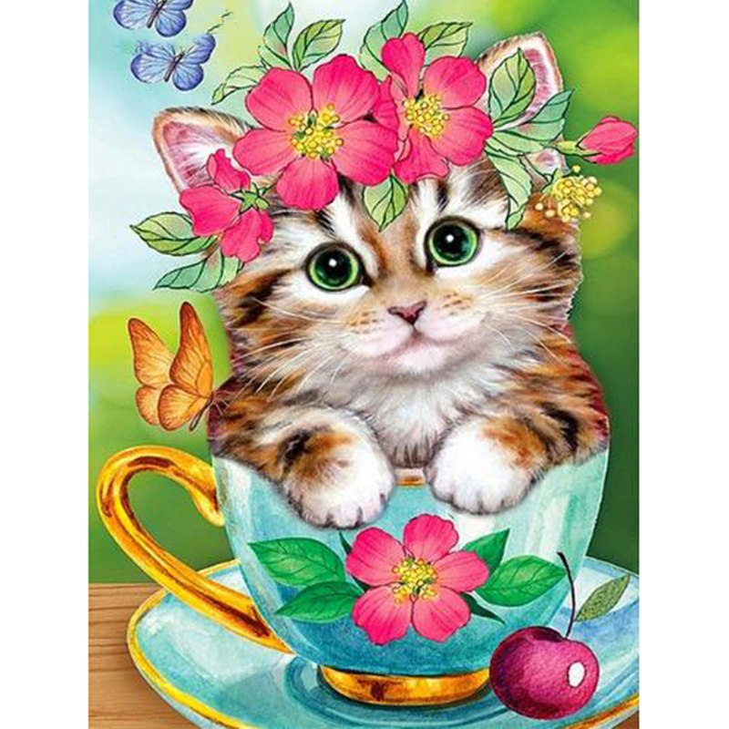 Cut Floral Cat in Cup 5D DIY Diamond Painting